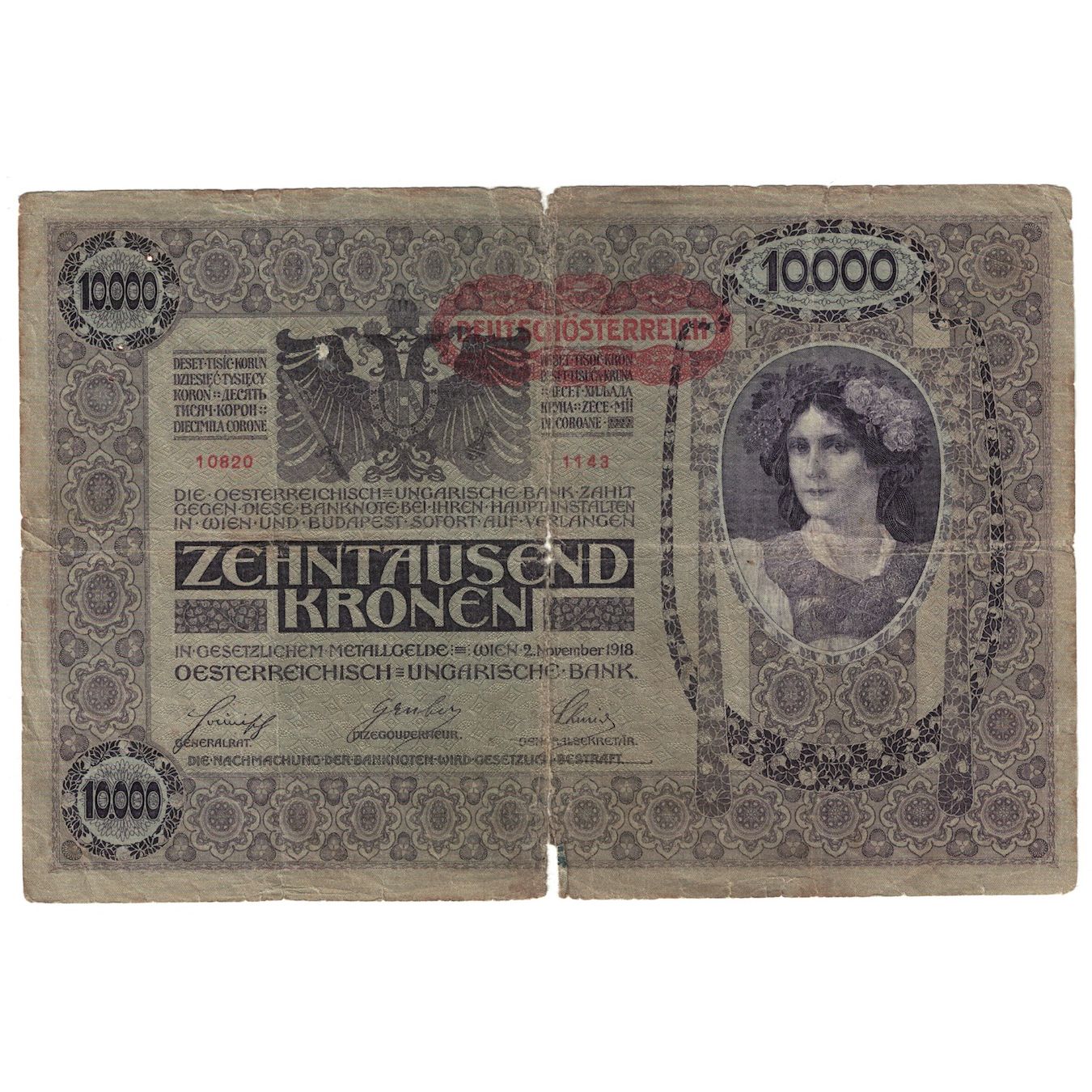 Geldschein, Österreich, 10,000 Kronen, 1918, 1918-11-02, KM:65, SGE+