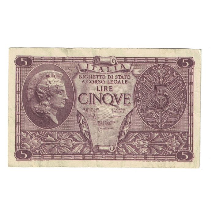 Geldschein, Italien, 5 Lire, 1944, 1944-11-23, KM:31c, S+