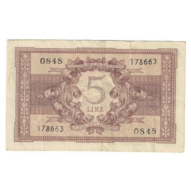 Geldschein, Italien, 5 Lire, 1944, 1944-11-23, KM:31c, S+