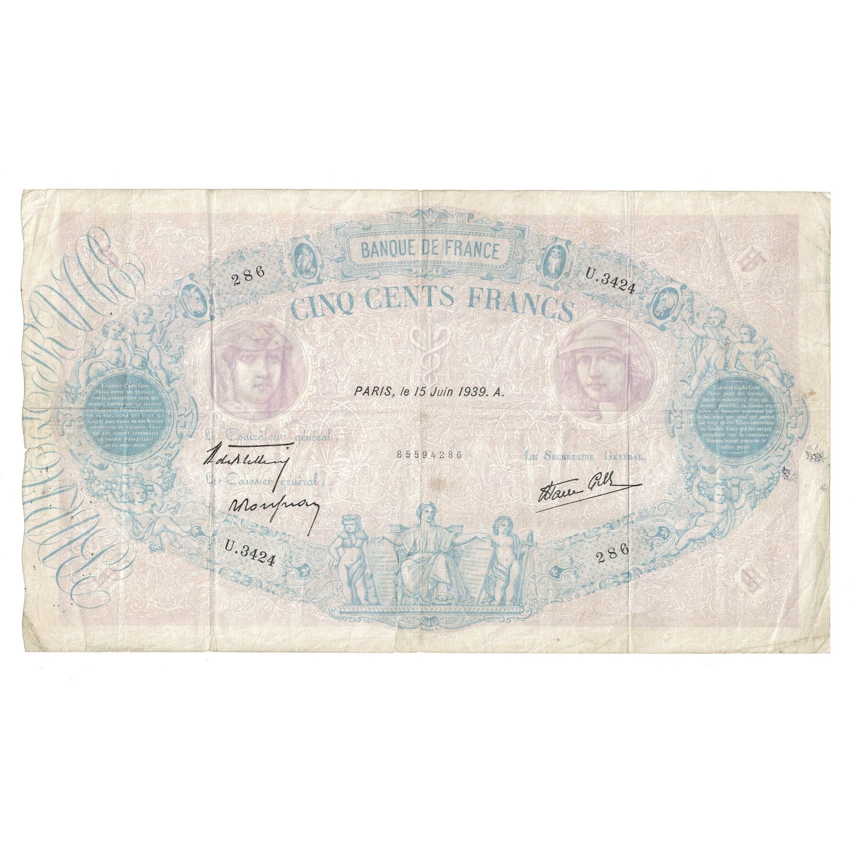 Francja, 500 Francs, Bleu et Rose, 1939, U.3424, VF(20-25), Fayette:31.34