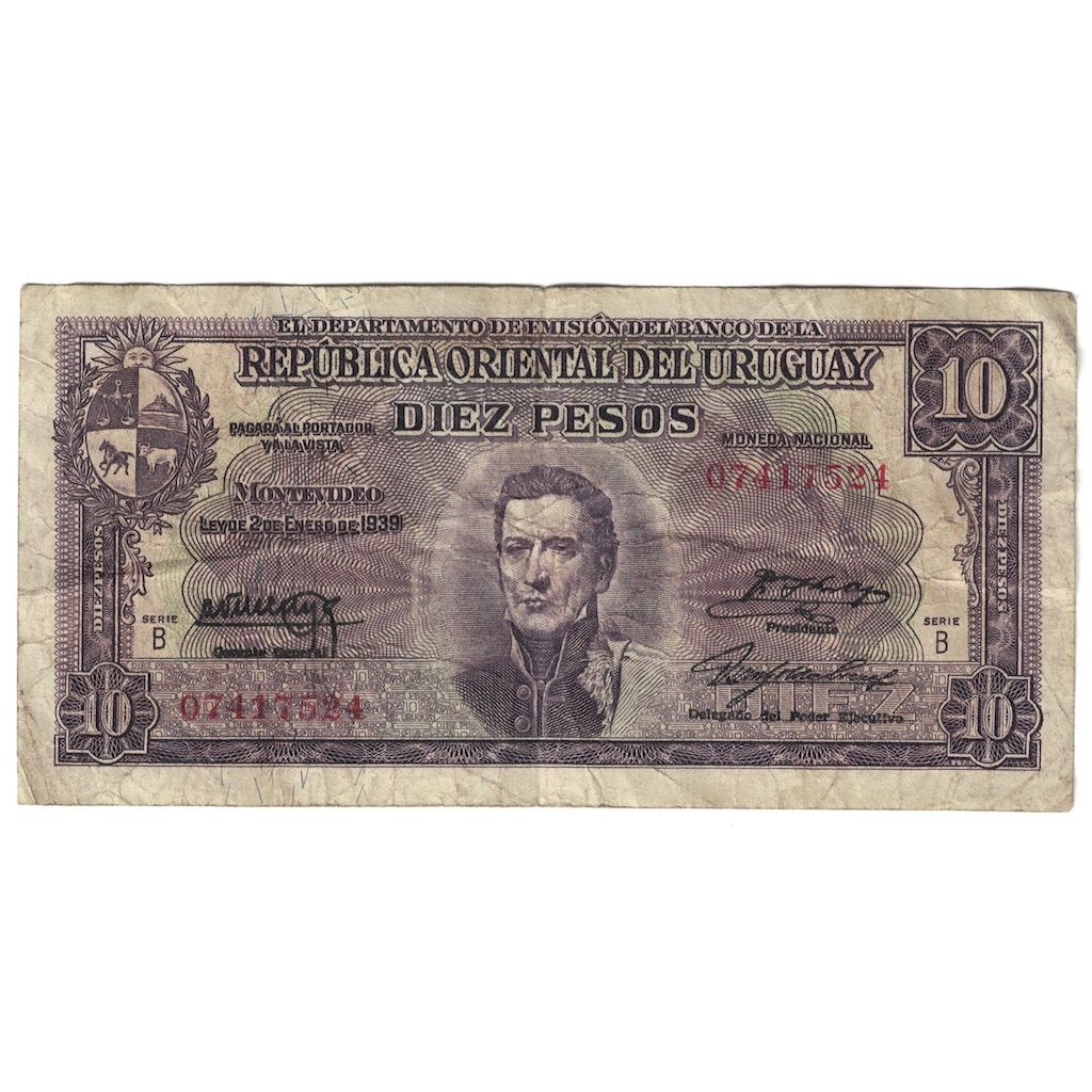 Biljet, Uruguay, 10 Pesos, L.1939, KM:37b, TB