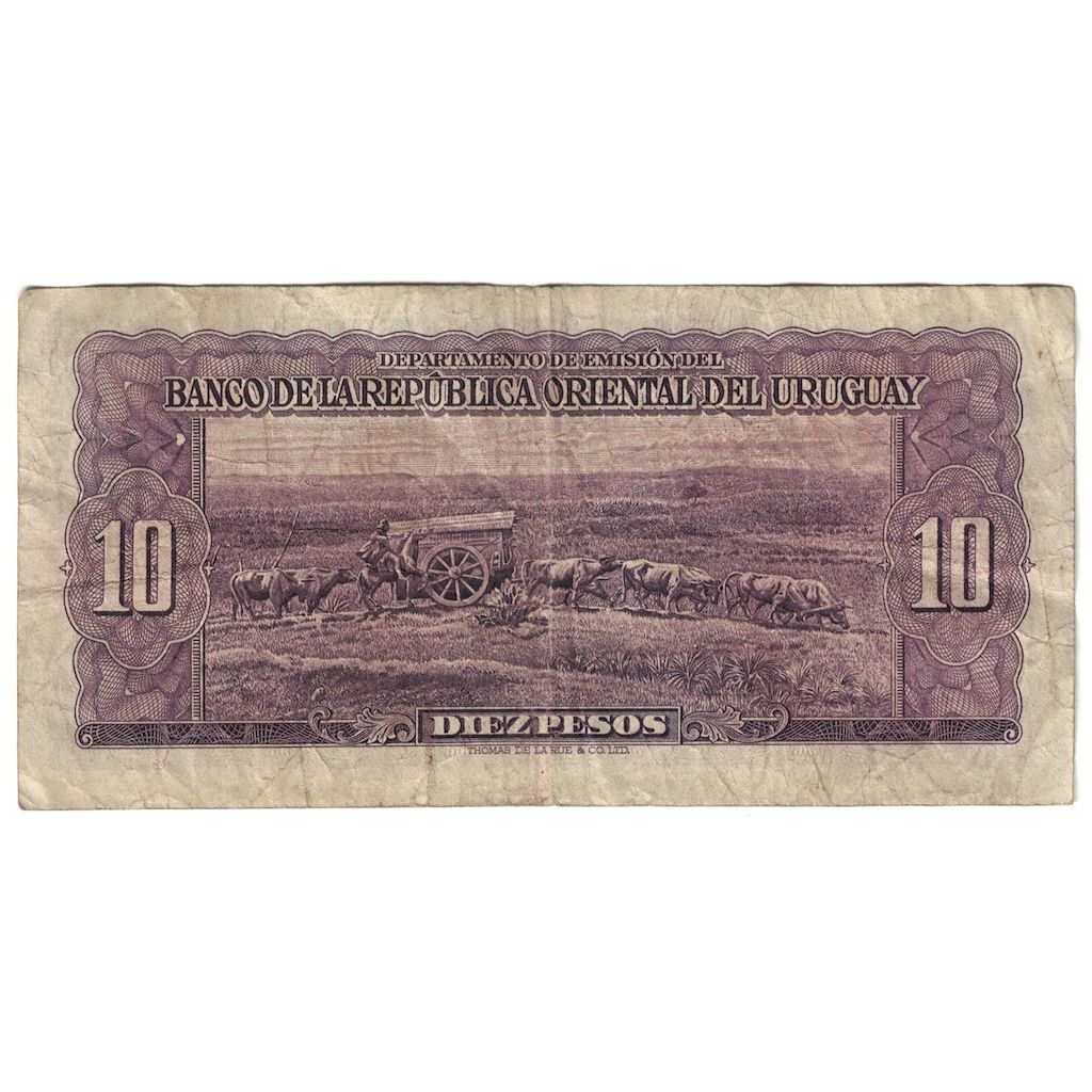 Biljet, Uruguay, 10 Pesos, L.1939, KM:37b, TB