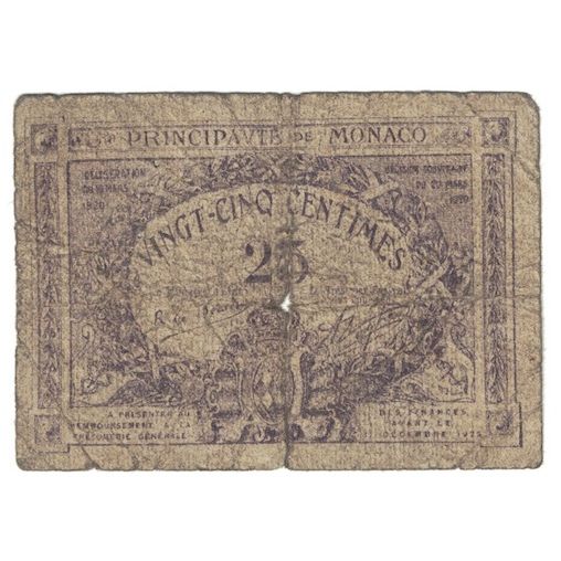 Banknote, Monaco, 25 Centimes, 1920, 1920-03-20, KM:2b, VG(8-10)