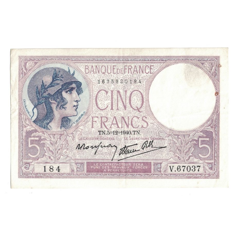 Francia, 5 Francs, Violet, 1940, V.67037, MBC+, Fayette:04.16, KM:83