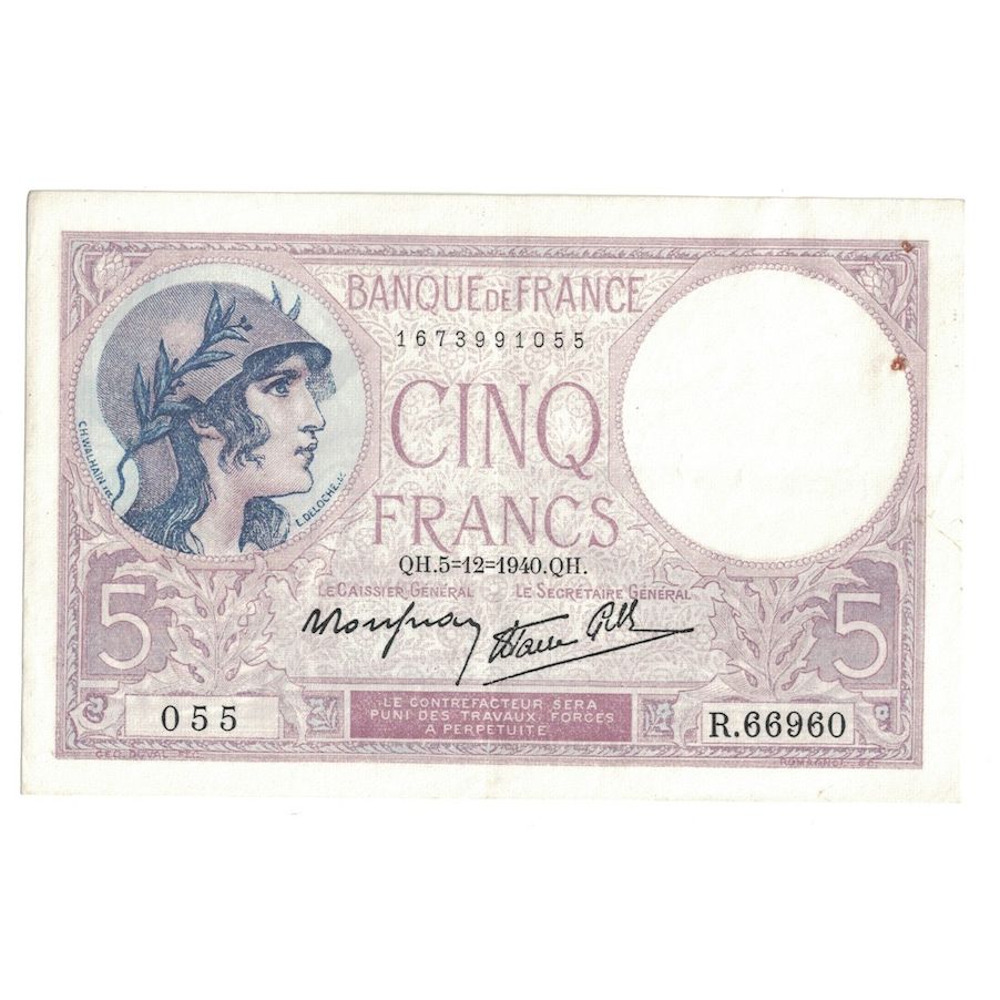 France, 5 Francs, Violet, 1940, R.66960, TTB+, Fayette:04.16, KM:83