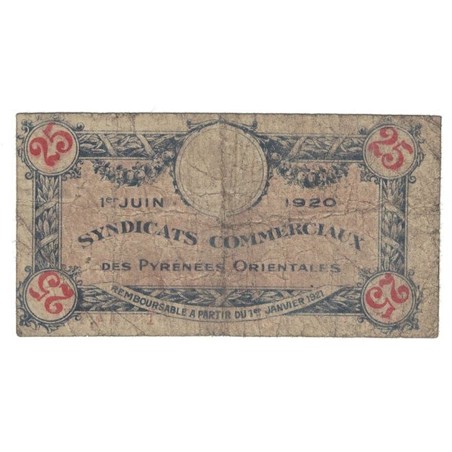 França, Pyrénées Orientales, 25 Centimes, 1920, Syndicats Commerciaux