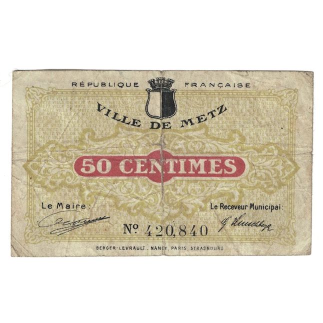 França, Metz, 50 Centimes, 1918, Bon Municipal., VF(20-25), Pirot:131-1