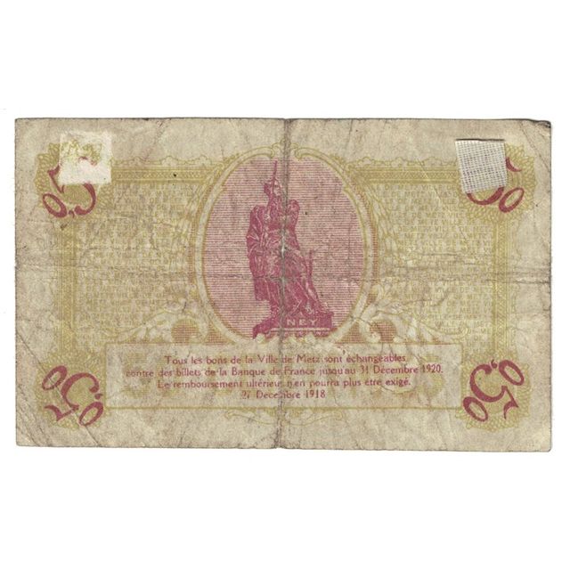França, Metz, 50 Centimes, 1918, Bon Municipal., VF(20-25), Pirot:131-1
