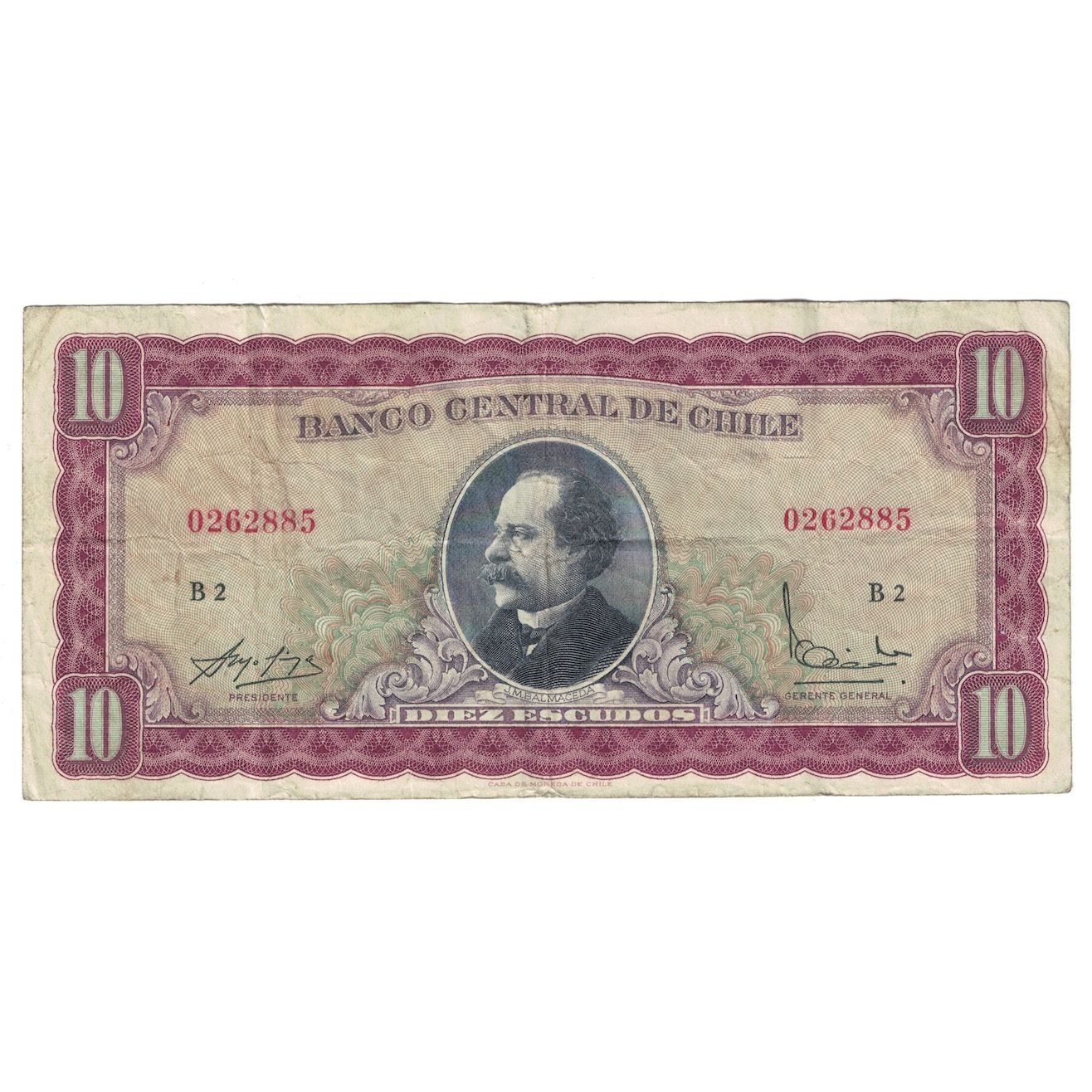 Biljet, Chili, 10 Escudos, 1967-1976, KM:142Aa, TB+