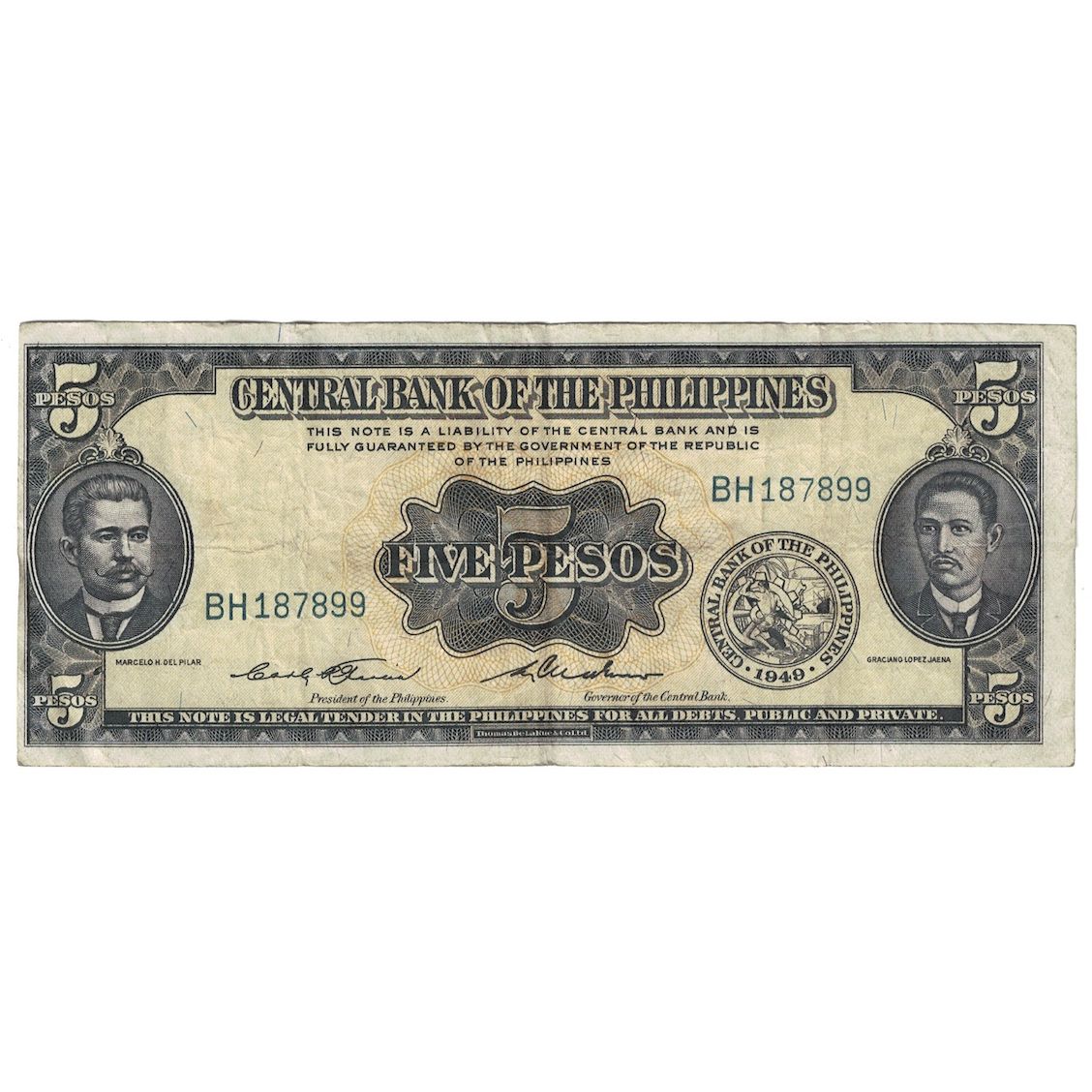 Banknote, Philippines, 5 Pesos, Undated (1949), KM:135b, VF(20-25)