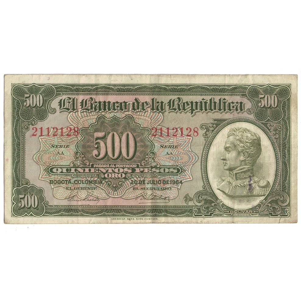 Nota, Colômbia, 500 Pesos Oro, 1964, 1964-07-20, KM:408b, VF(30-35)