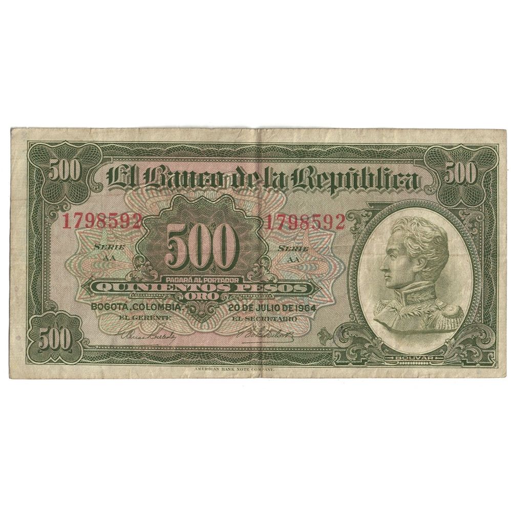 Billete, 500 Pesos Oro, 1964, Colombia, 1964-07-20, KM:408b, BC
