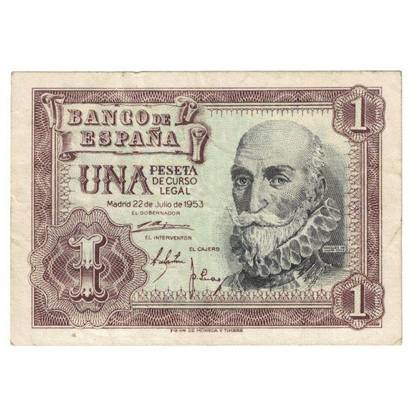 Banknote, Spain, 1 Peseta, 1953, 1953-07-22, KM:144a, EF(40-45)