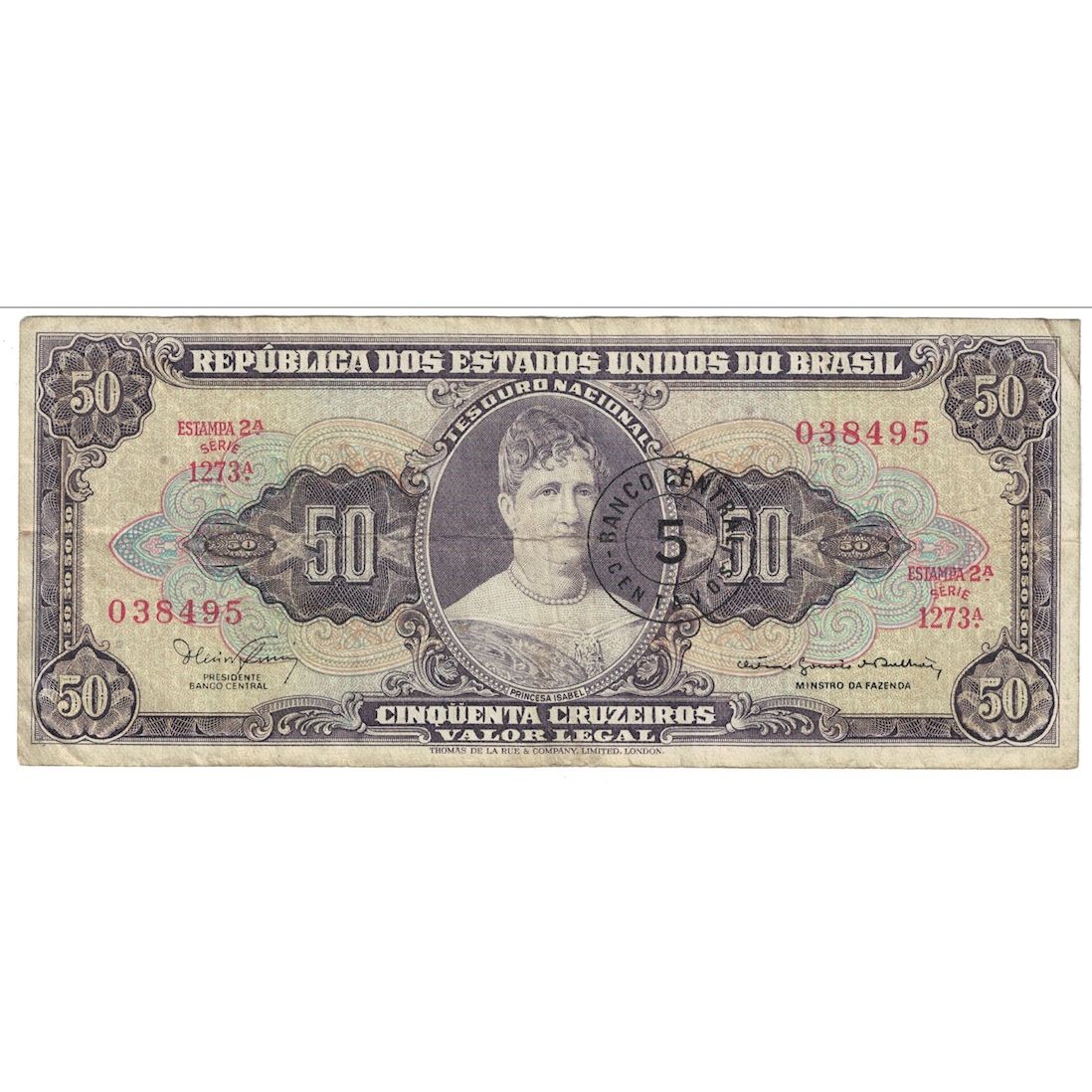 Banknote, Brazil, 5 Centavos on 50 Cruzeiros, Undated (1966-1967), KM:184a