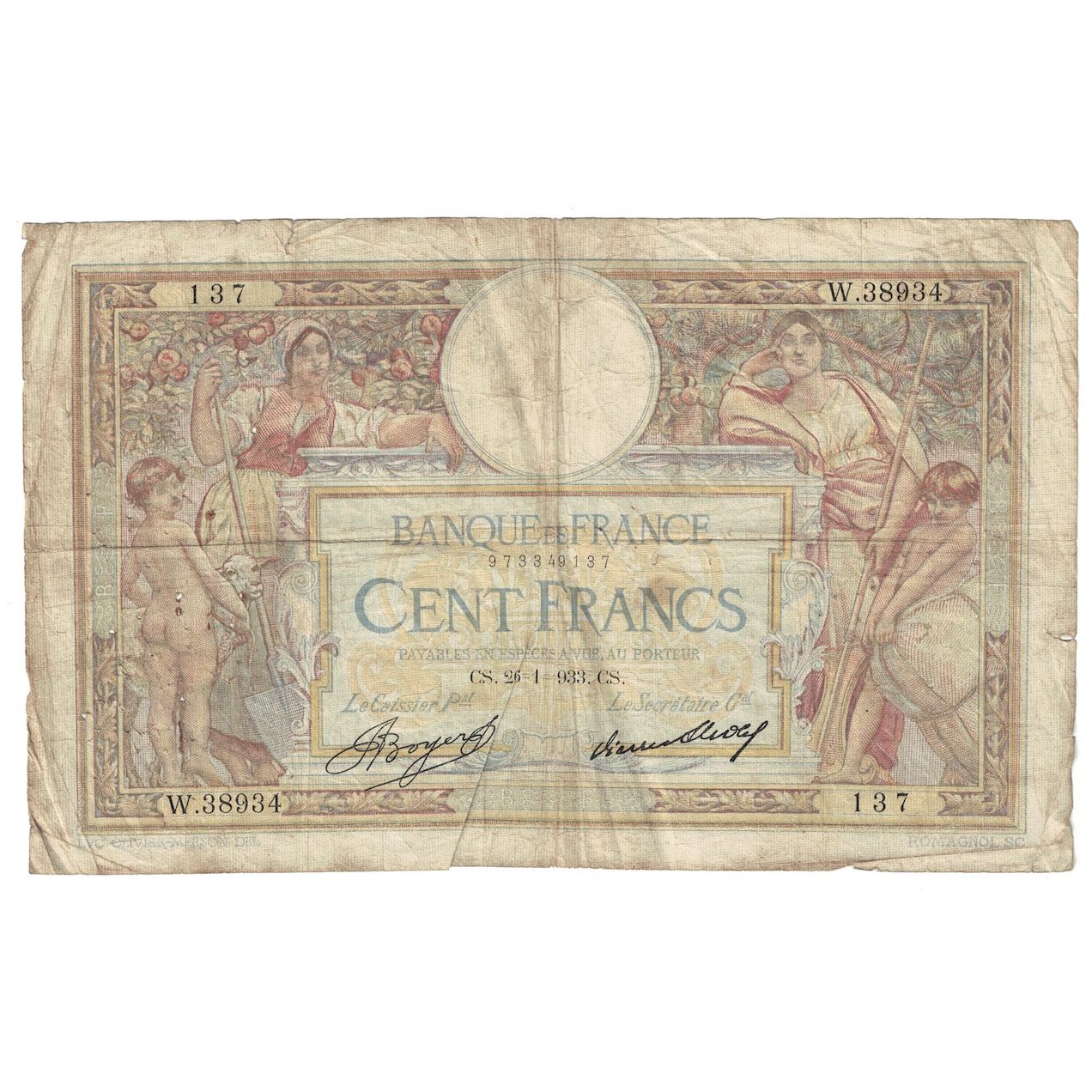 Francia, 100 Francs, Luc Olivier Merson, 1933, W.38934, B+, Fayette:24.12