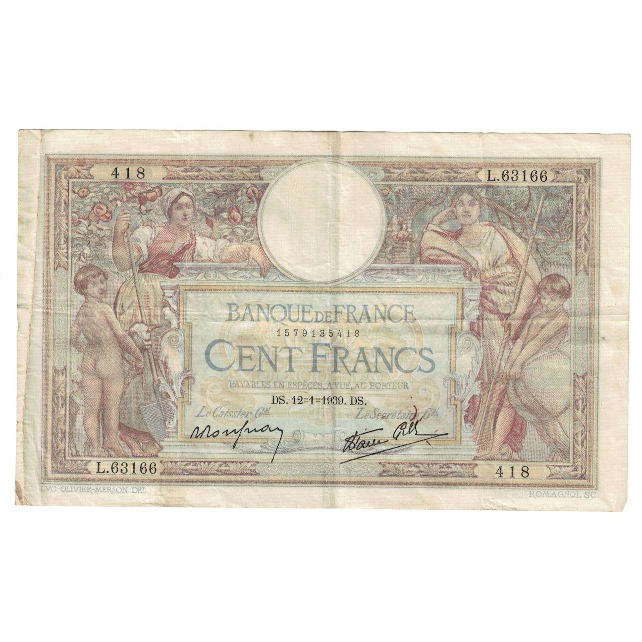 France, 100 Francs, Luc Olivier Merson, 1939, L.63166, VF(30-35), Fayette:25.39