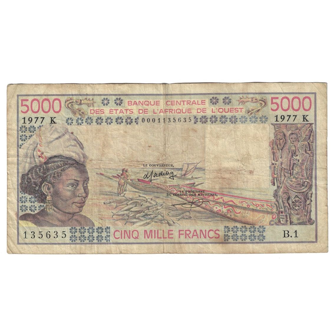 Geldschein, West African States, 5000 Francs, 1977, KM:708Kd, S+