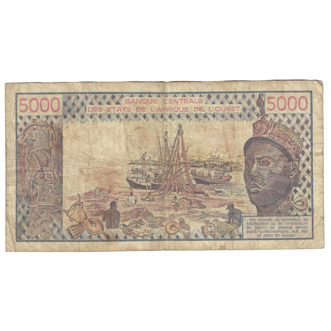 Geldschein, West African States, 5000 Francs, 1977, KM:708Kd, S+