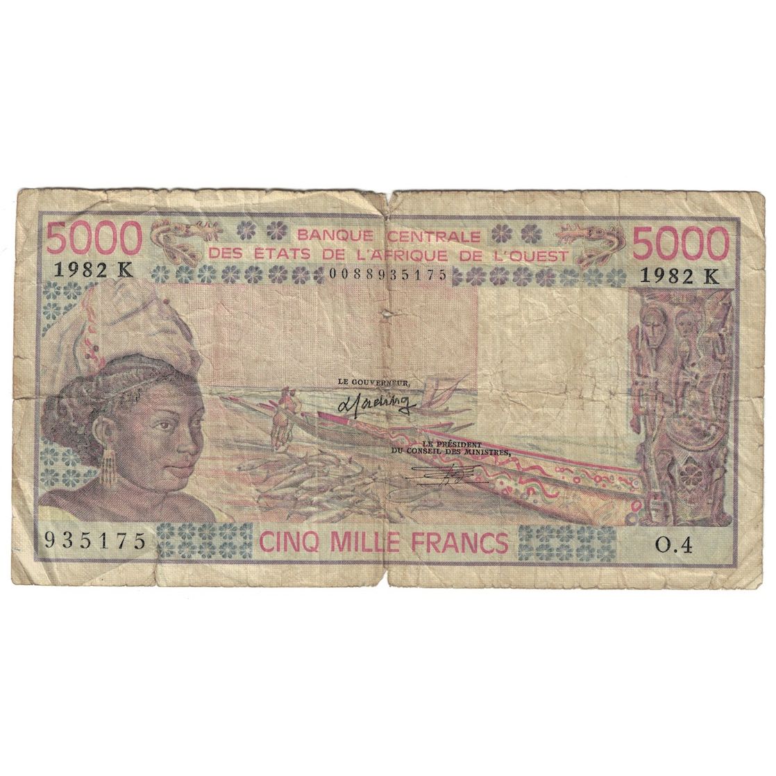 Banconote, Stati dell'Africa occidentale, 5000 Francs, 1982, KM:708Kf, B+
