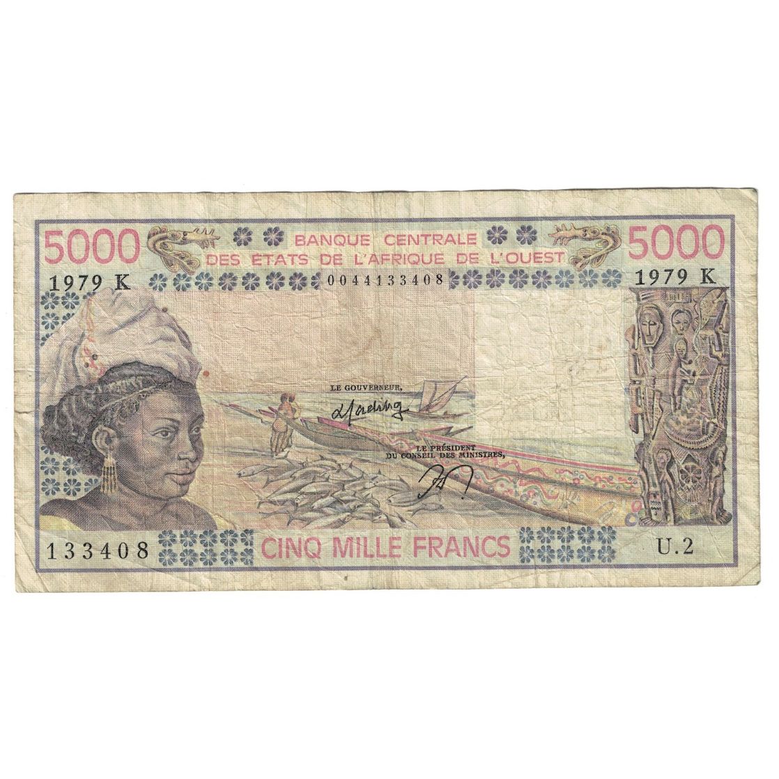 Banknote, West African States, 5000 Francs, 1979, KM:808Tb, VF(20-25)