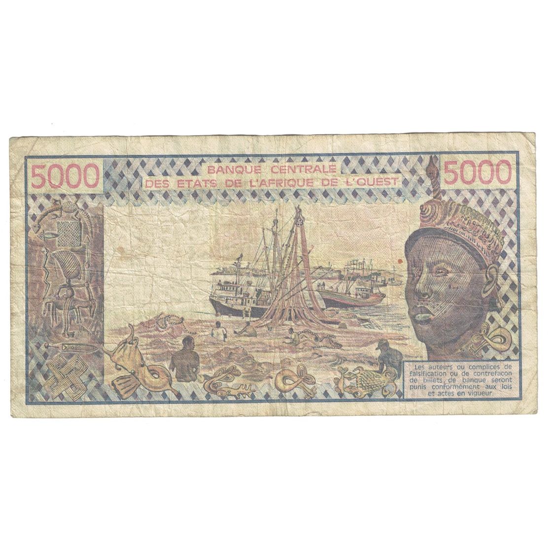 Banknote, West African States, 5000 Francs, 1979, KM:808Tb, VF(20-25)