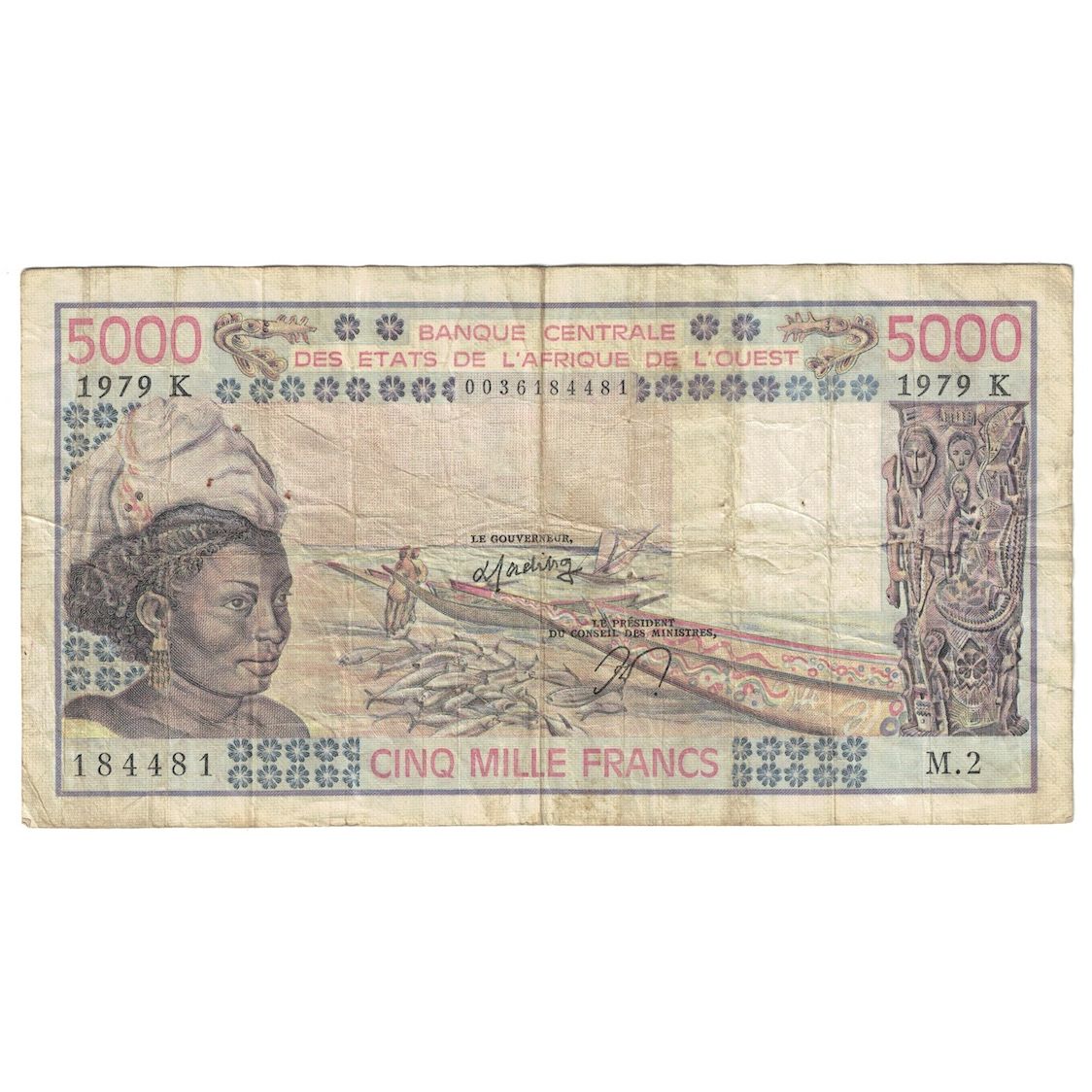 Banknote, West African States, 5000 Francs, 1979, KM:808Tb, VF(20-25)