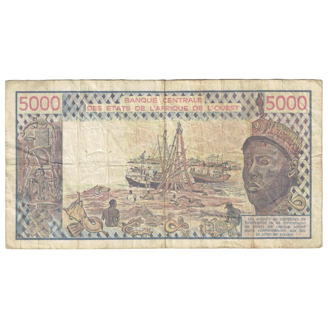 Banknote, West African States, 5000 Francs, 1979, KM:808Tb, VF(20-25)