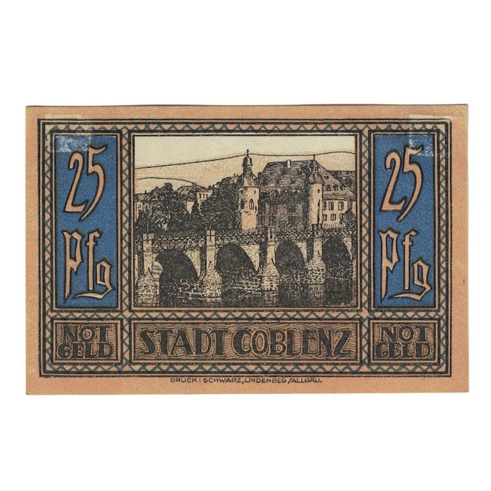 Banknot, Niemcy, Coblenz Stadt, 25 Pfennig, pont, 1921, 1921-05-01, UNC(63)