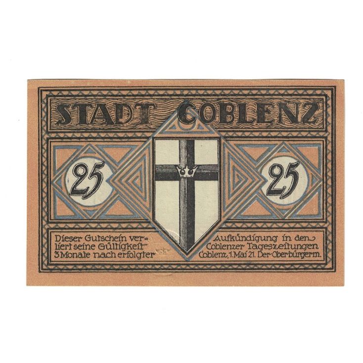 Banknot, Niemcy, Coblenz Stadt, 25 Pfennig, pont, 1921, 1921-05-01, UNC(63)