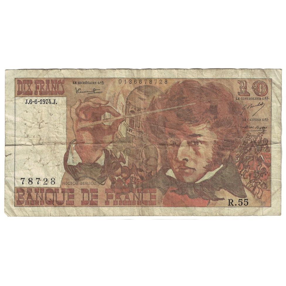 France, 10 Francs, Berlioz, 1974, R.55, F(12-15), Fayette:63.05, KM:150a
