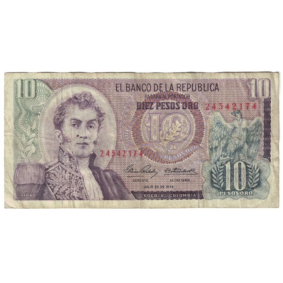 Banknote, Colombia, 10 Pesos Oro, 1964, 1964-07-20, KM:407c, VF(20-25)