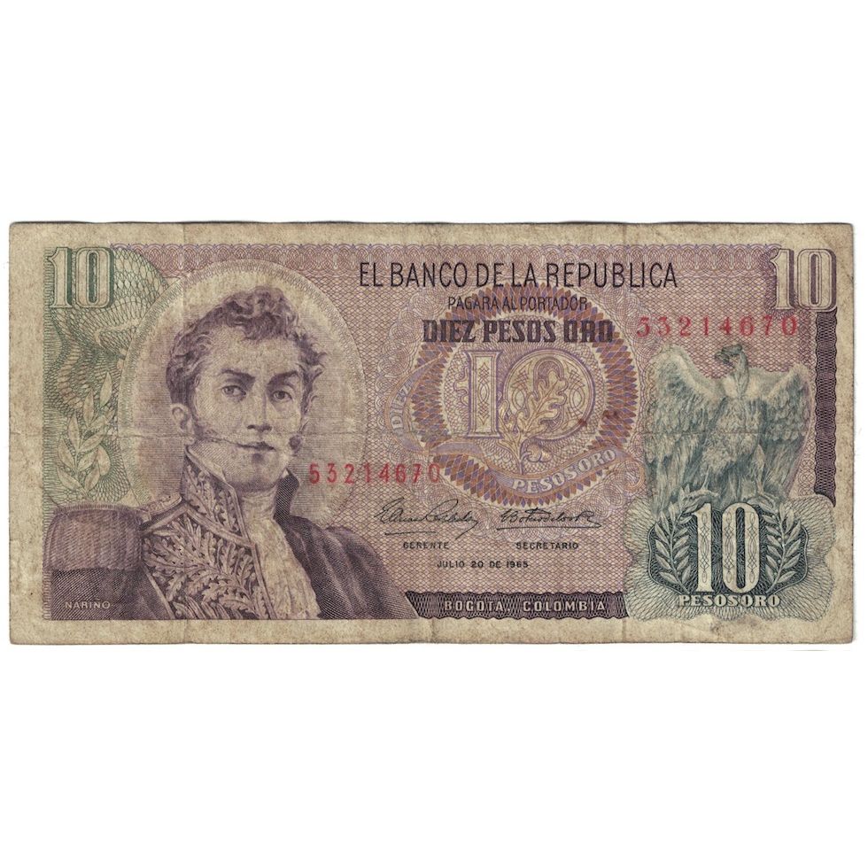 Banknote, Colombia, 10 Pesos Oro, 1965, 1965-07-20, KM:407c, VF(20-25)