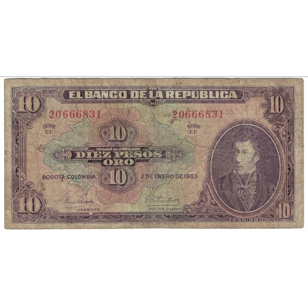 Banconote, Colombia, 10 Pesos Oro, 1963, 1963-01-02, KM:389f, B+