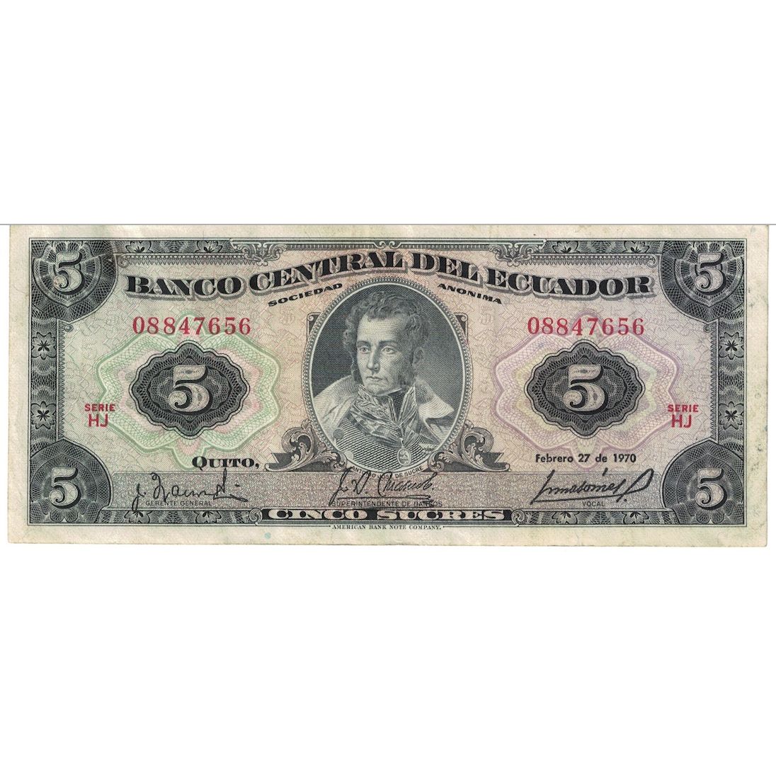 Banknote, Ecuador, 5 Sucres, 1970, 1970-02-27, KM:100d, EF(40-45)