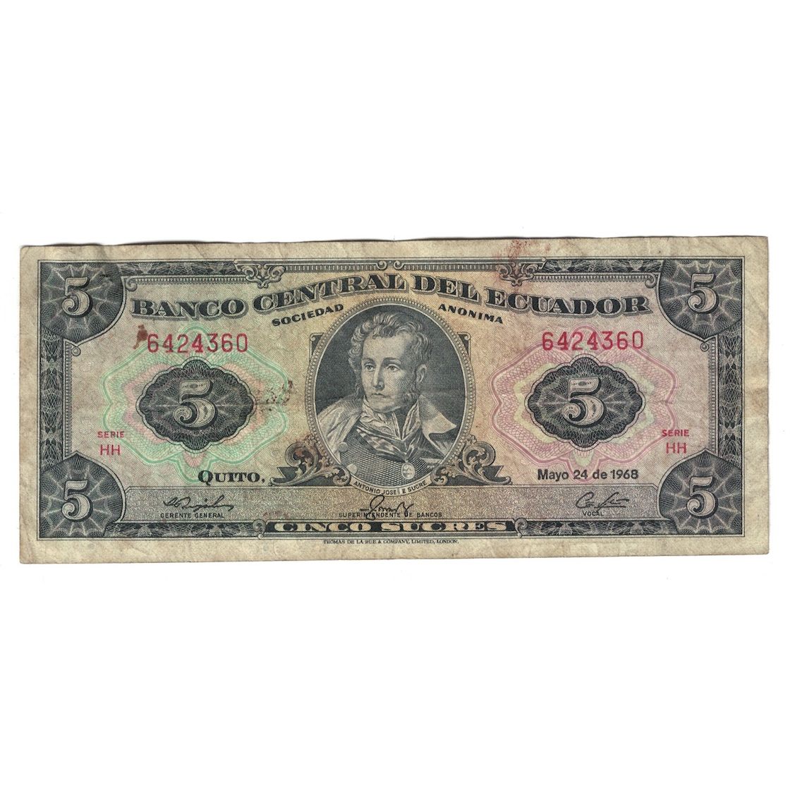 Banknote, Ecuador, 5 Sucres, 1968, 1968-05-24, KM:113b, VF(30-35)