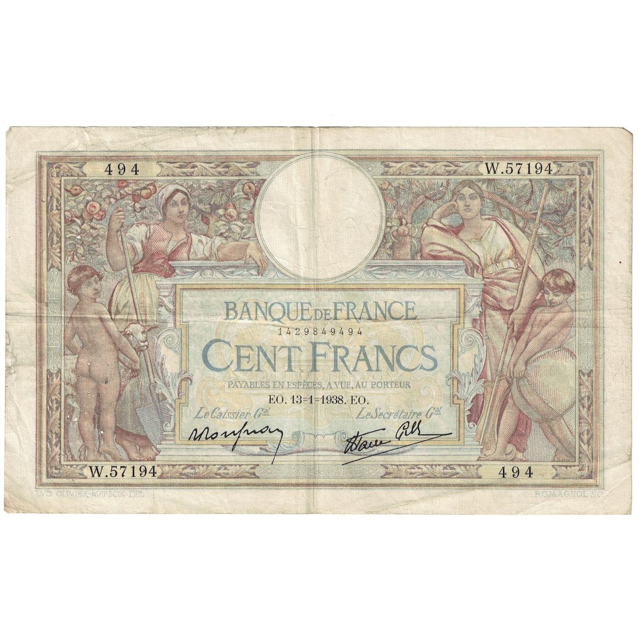 França, 100 Francs, Luc Olivier Merson, 1938, W.57194, VF(30-35)