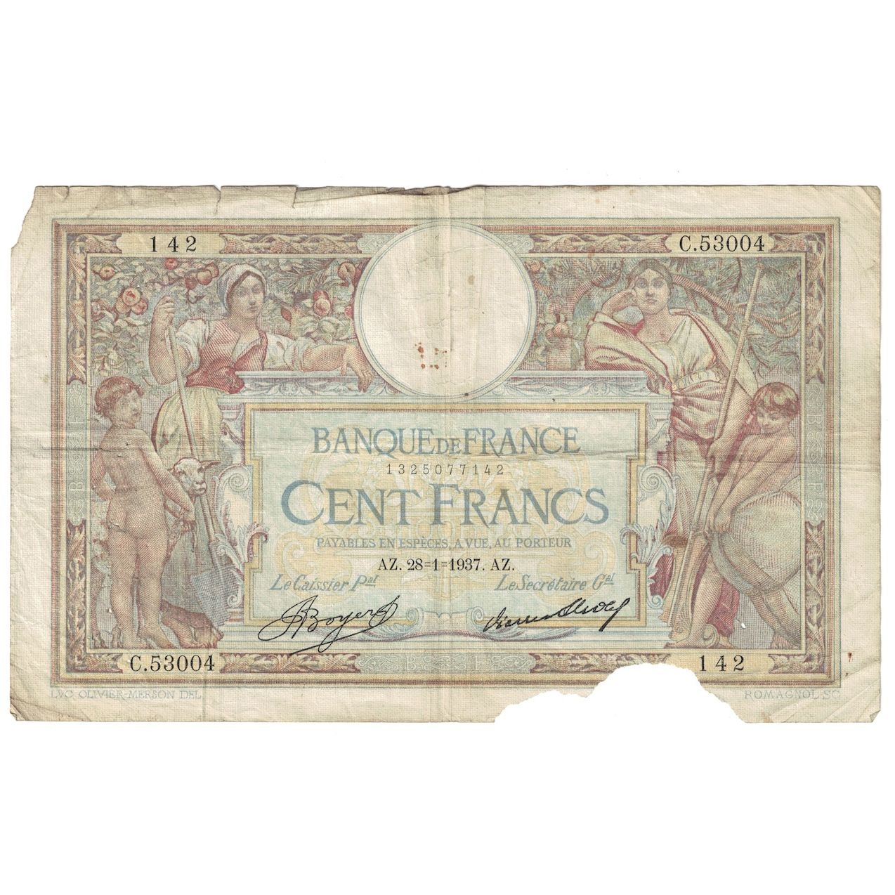 France, 100 Francs, Luc Olivier Merson, 1937, C.53004, F(12-15), Fayette:24.16