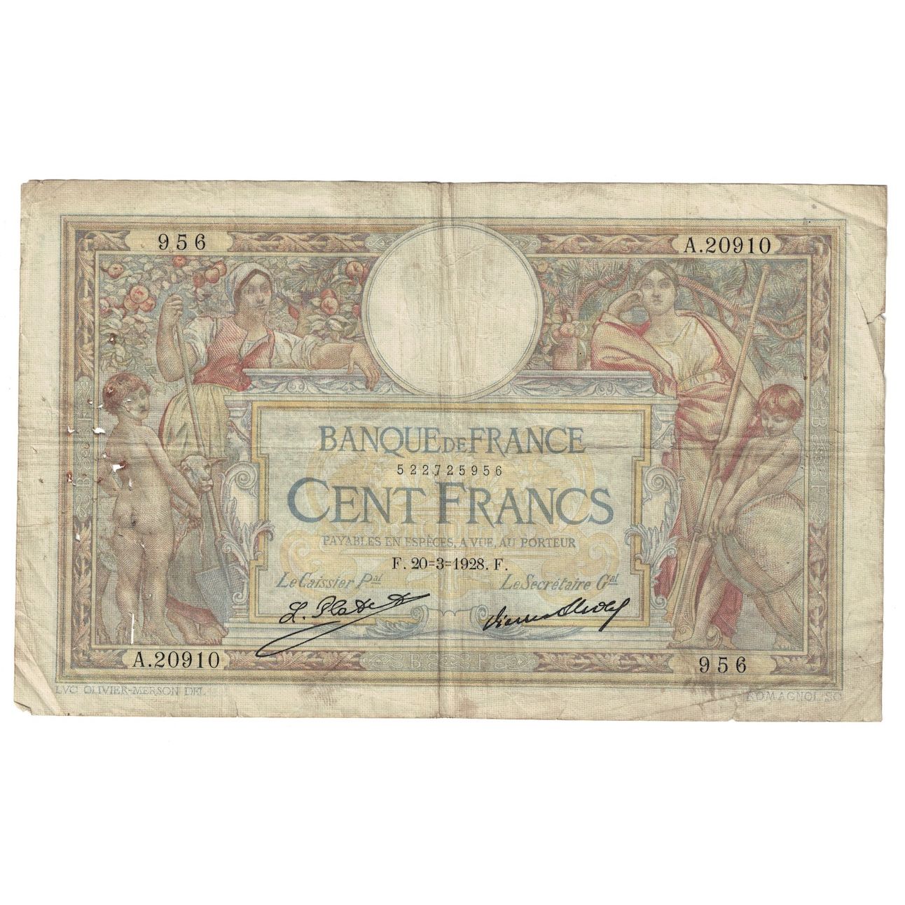 Frankreich, 100 Francs, Luc Olivier Merson, 1928, A.20910, S, Fayette:24.07