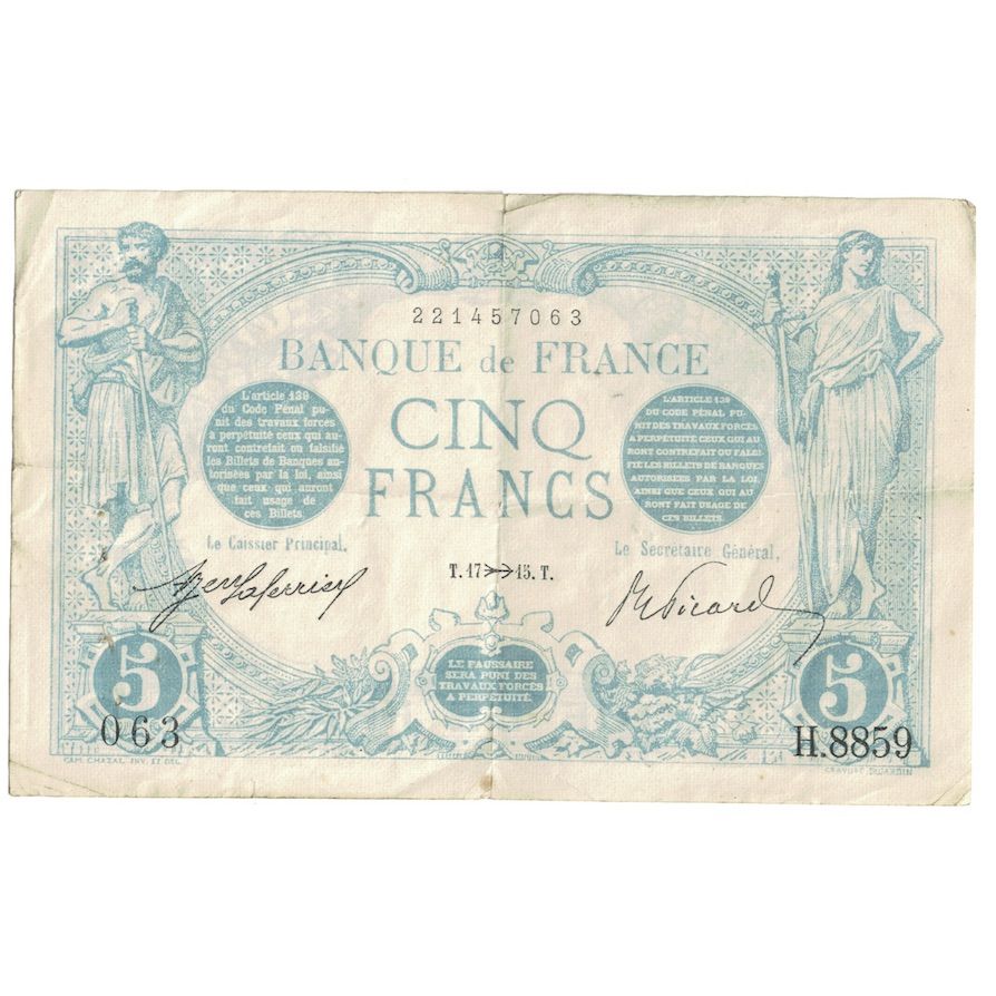Francja, 5 Francs, Bleu, 1915, H.8859, VF(30-35), Fayette:2.33, KM:70