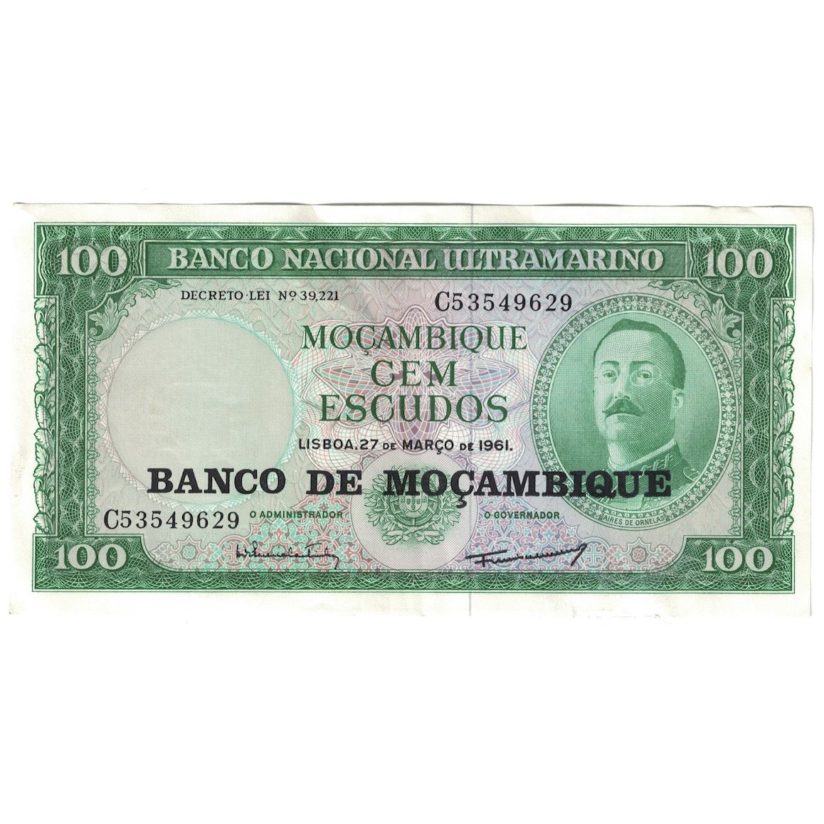 Banknot, Mozambik, 100 Escudos, ND (1976 - old date 27.3.1961), KM:117a