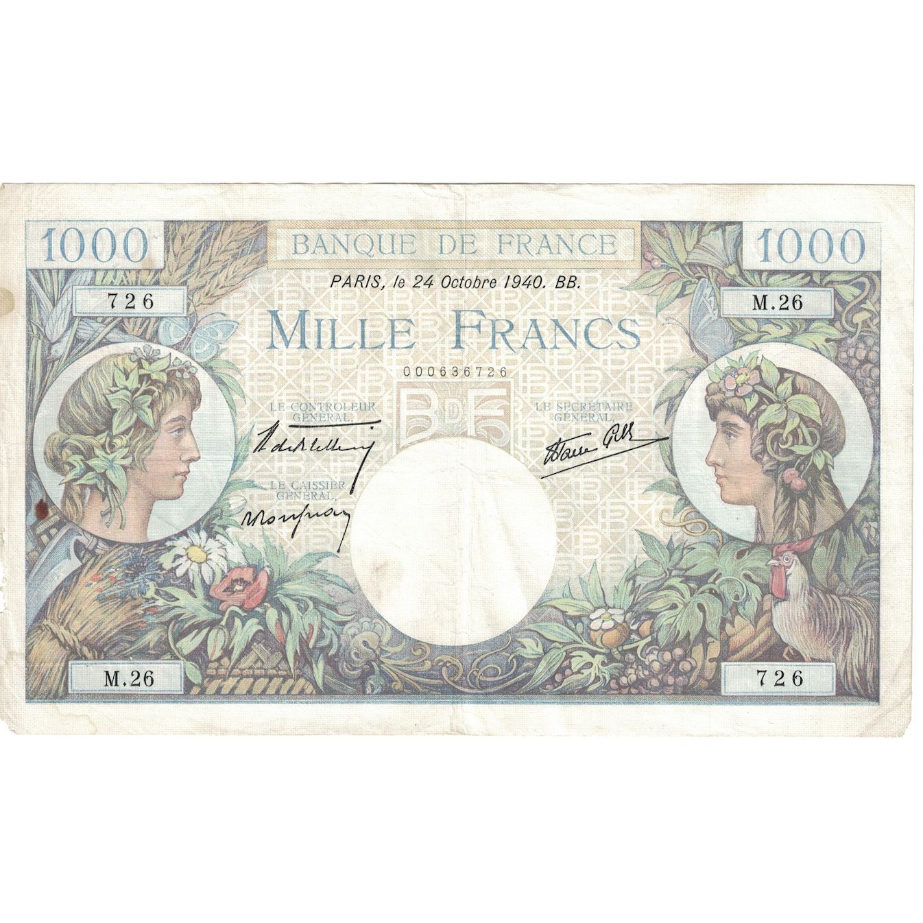 Francia, 1000 Francs, Commerce et Industrie, 1940, M.26, MB+, Fayette:39.1