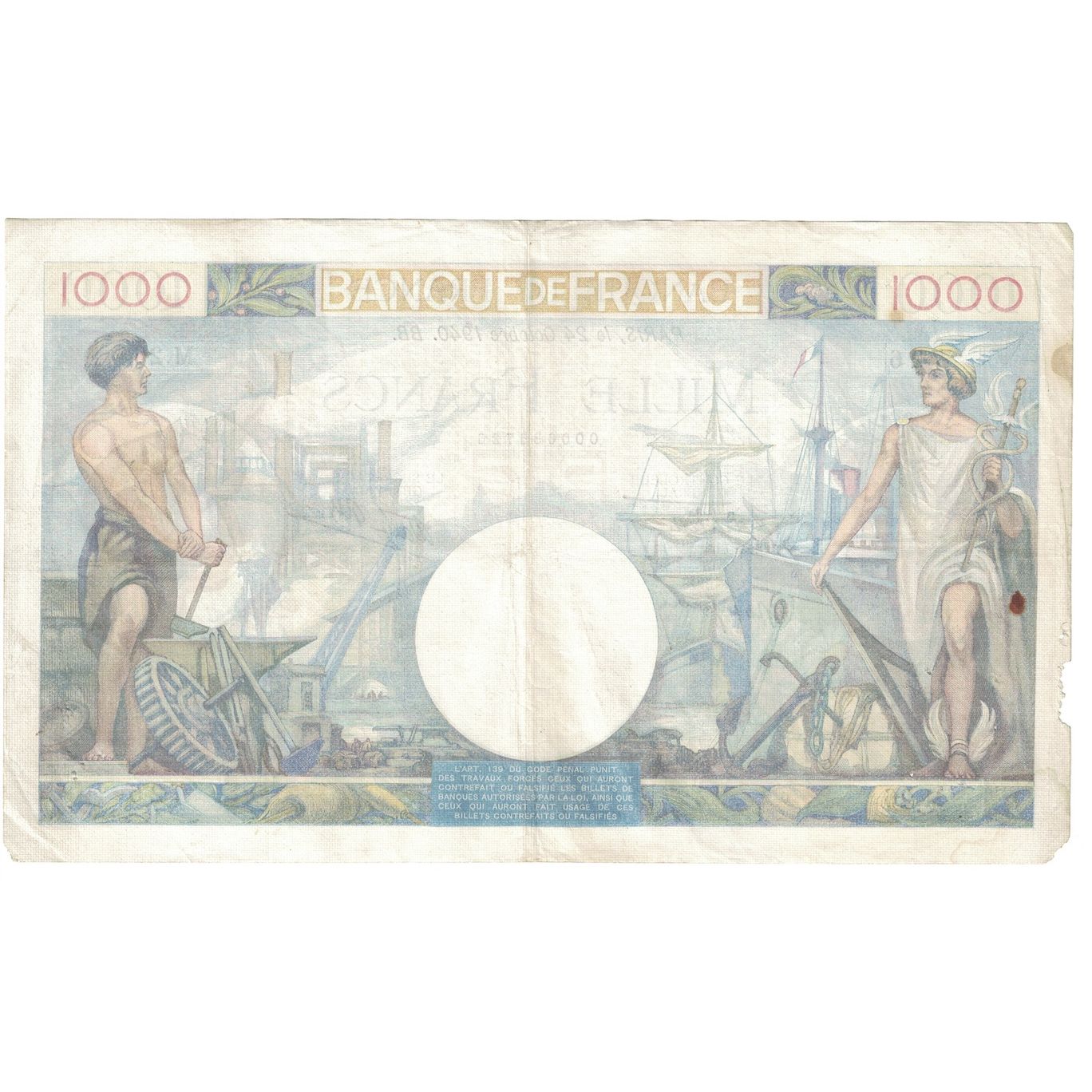 Francia, 1000 Francs, Commerce et Industrie, 1940, M.26, MB+, Fayette:39.1