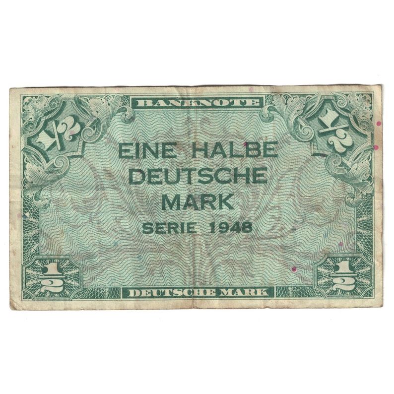 Banconote, GERMANIA - REPUBBLICA FEDERALE, 1/2 Deutsche Mark, 1948, KM:1a, MB