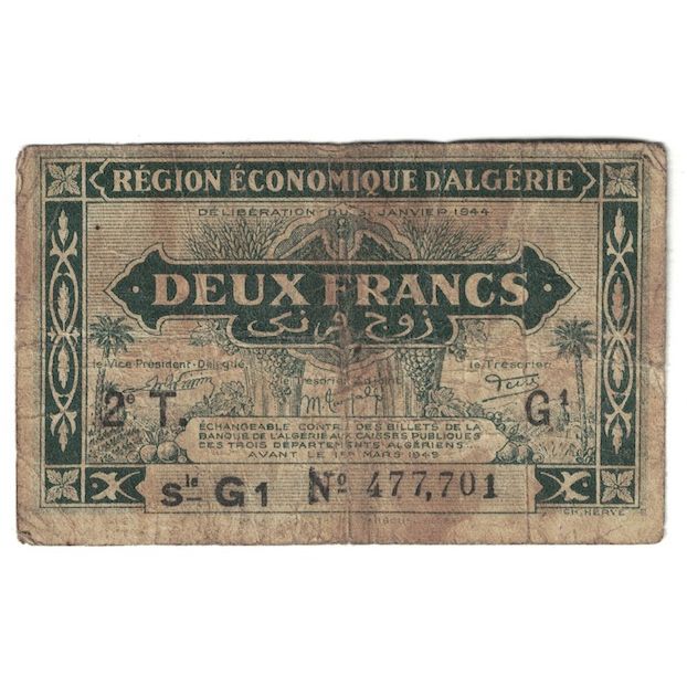 Banknote, Algeria, 2 Francs, 1944, KM:102, F(12-15)