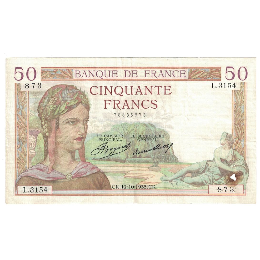 Francia, 50 Francs, Cérès, 1935, L.3154, BB+, Fayette:17.18, KM:81