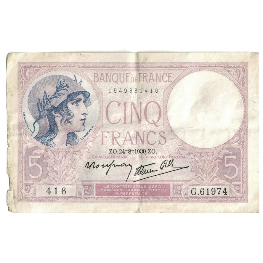 Francja, 5 Francs, Violet, 1939, G.61974, VF(30-35), Fayette:04.07, KM:83