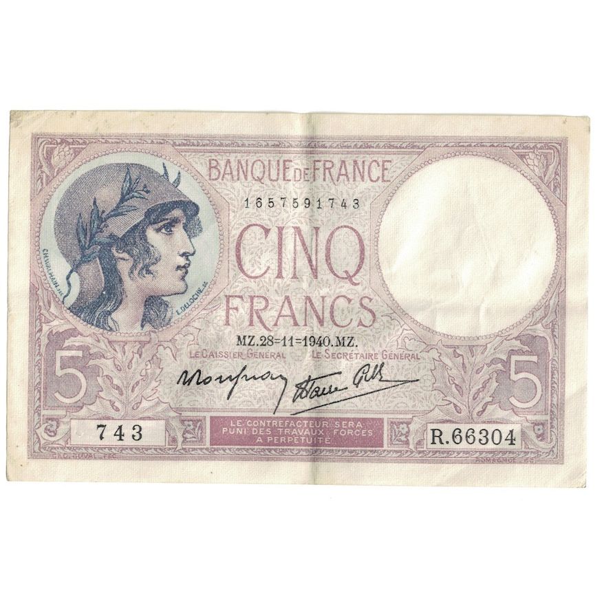 France, 5 Francs, Violet, 1940, R.66304, AU(50-53), Fayette:4.11, KM:83