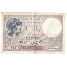 France, 5 Francs, Violet, 1940, R.66304, AU(50-53), Fayette:4.11, KM:83