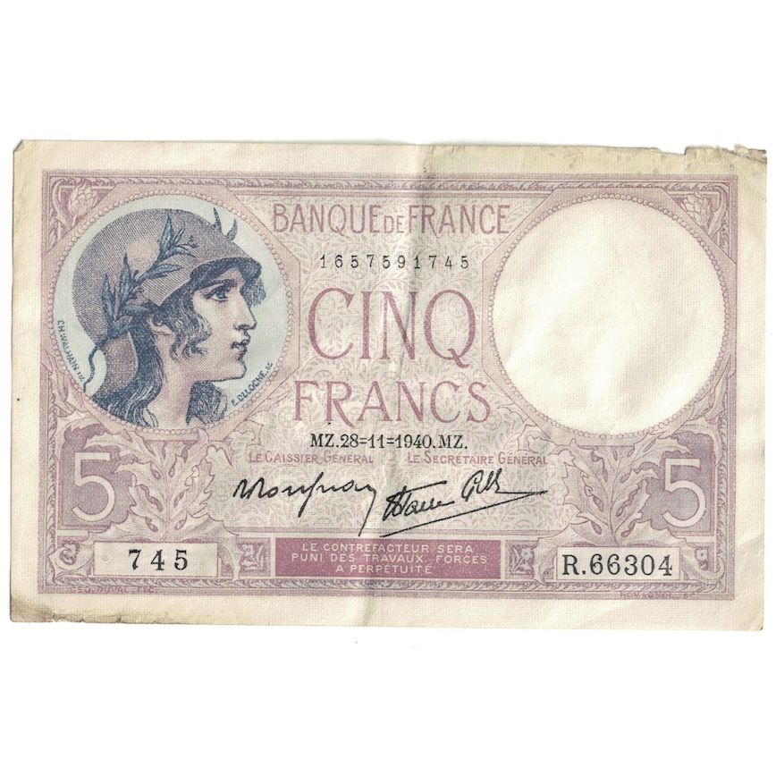 Frankreich, 5 Francs, Violet, 1940, R.66304, S+, Fayette:4.15, KM:83
