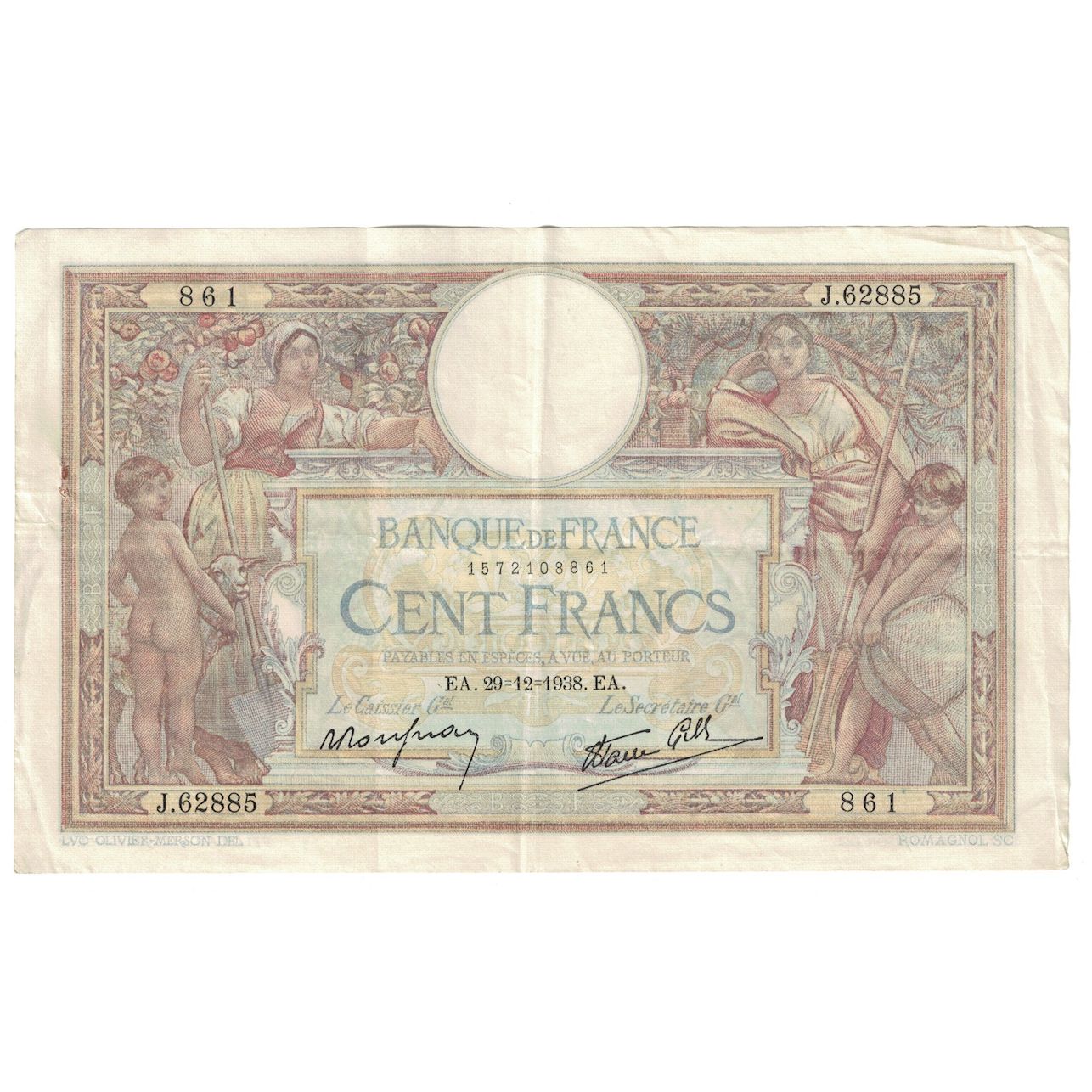 França, 100 Francs, Luc Olivier Merson, 1938, J.62885, EF(40-45)